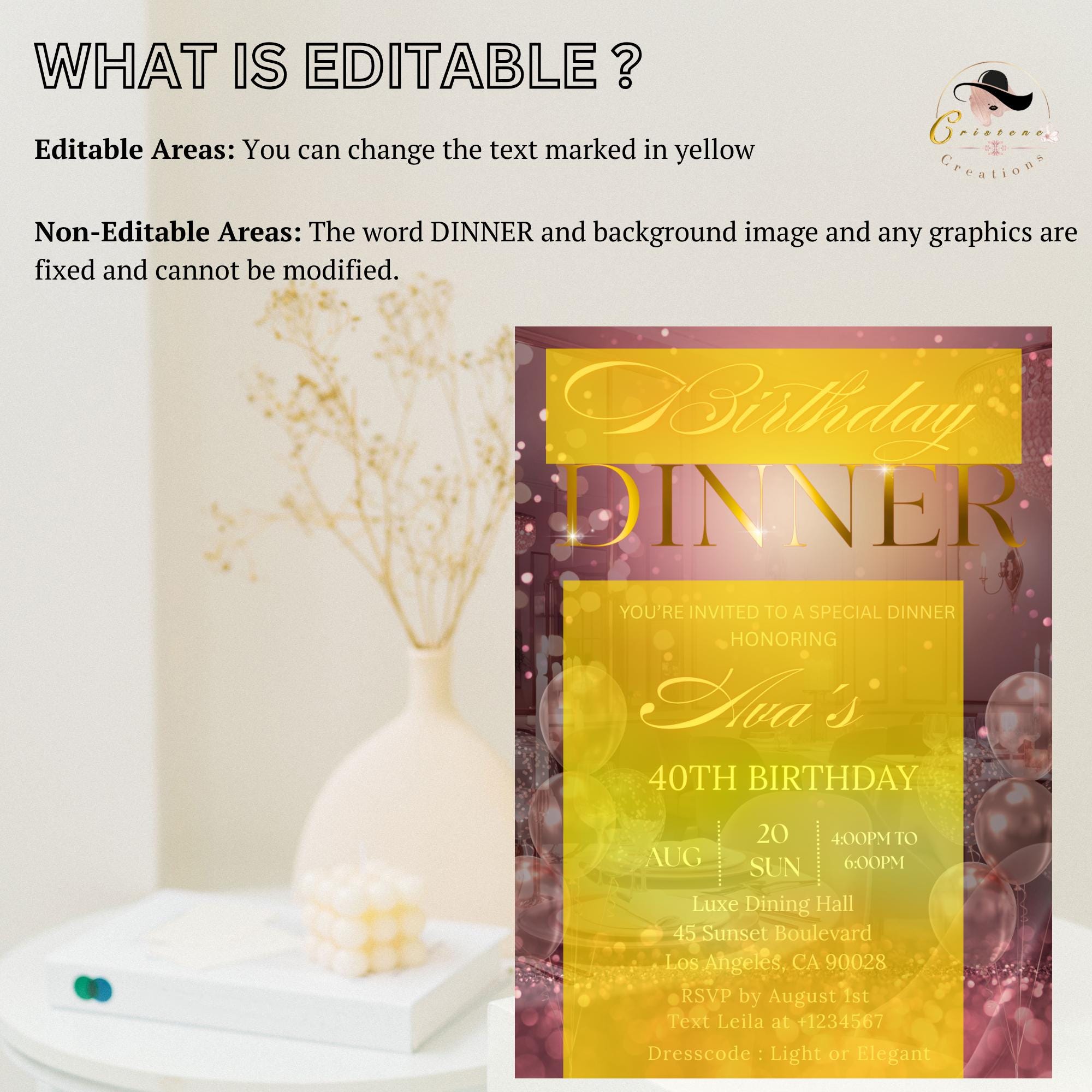 Editable Birthday Dinner Invitation Pink Rose Gold Digital Dinner Party invite Luxury Birthday Dinner card Template Glam Dinner party flyer