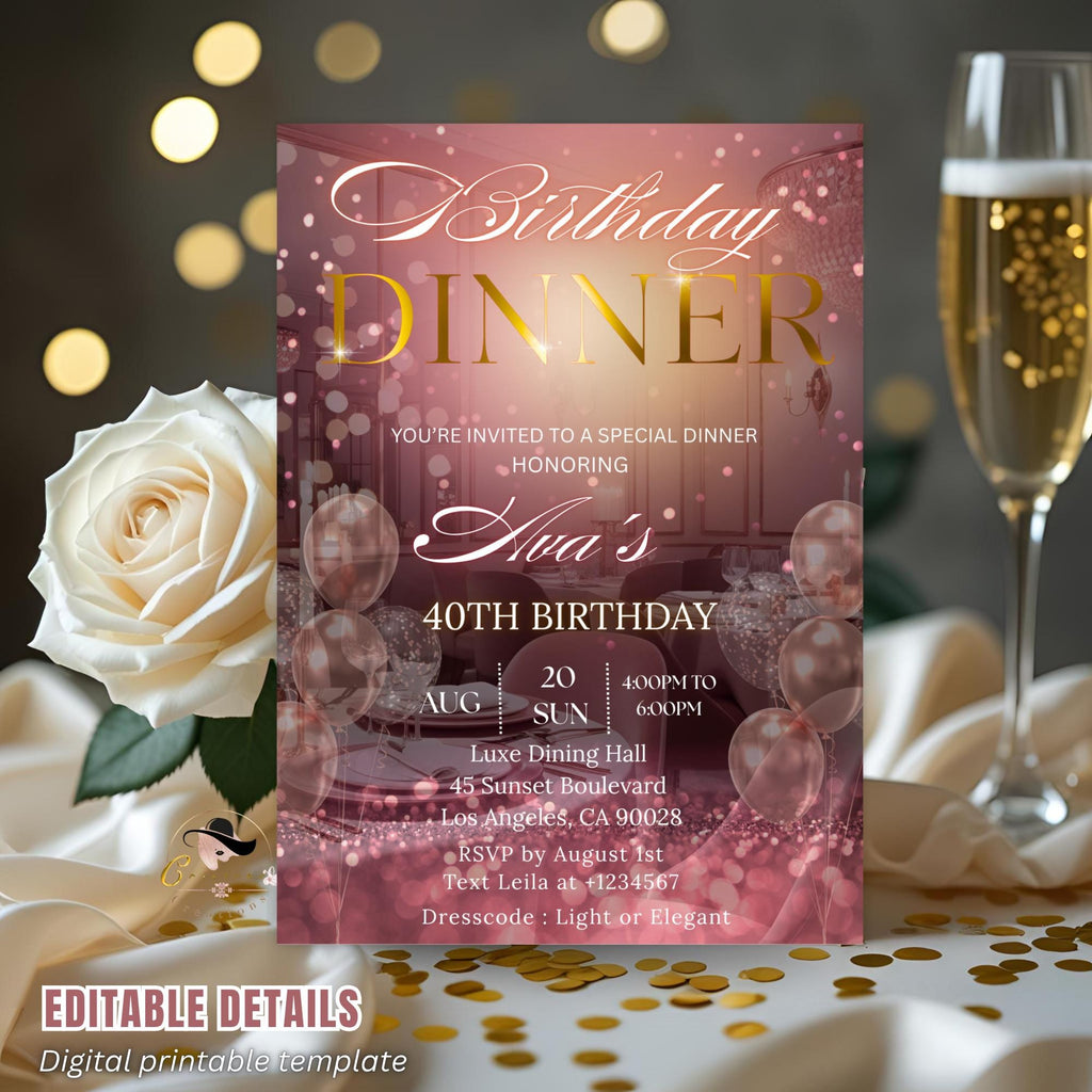Editable Birthday Dinner Invitation Pink Rose Gold Digital Dinner Party invite Luxury Birthday Dinner card Template Glam Dinner party flyer