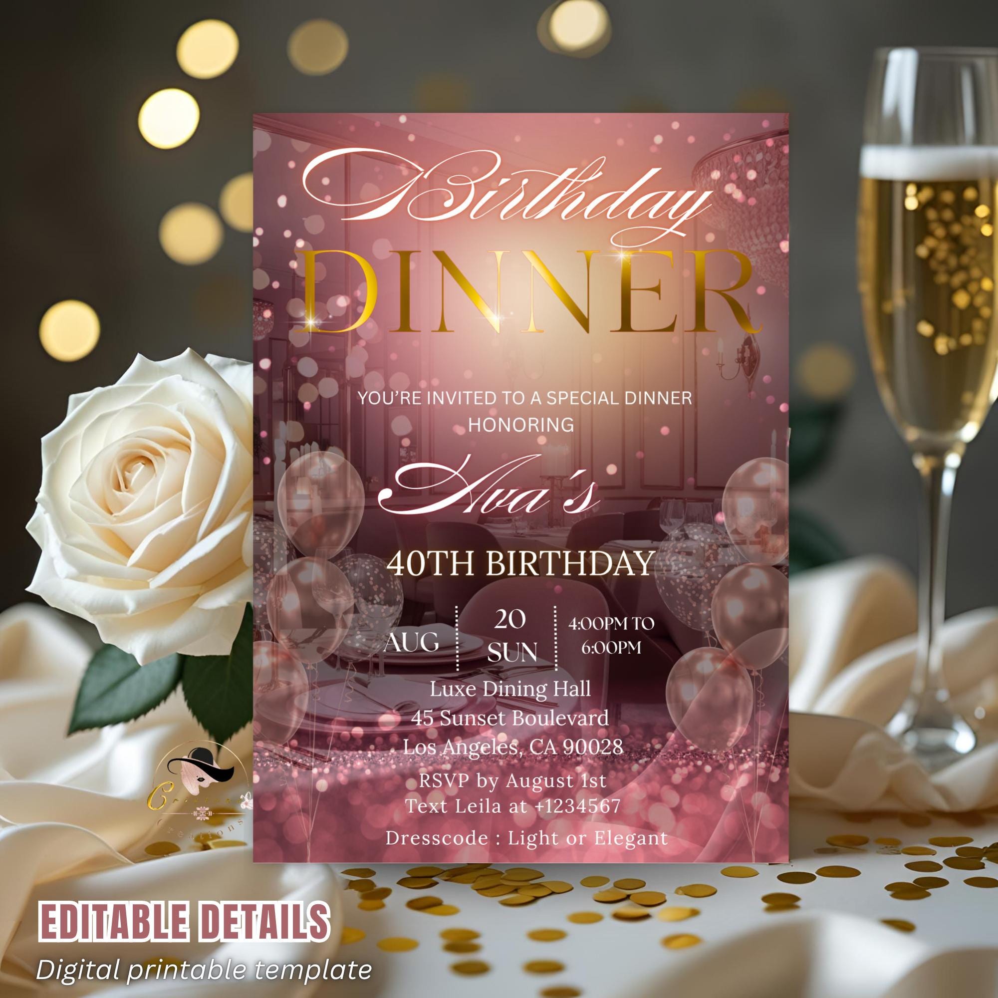 Editable Birthday Dinner Invitation Pink Rose Gold Digital Dinner Party invite Luxury Birthday Dinner card Template Glam Dinner party flyer