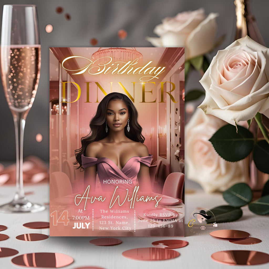 Digital Birthday Dinner Invitation with photo Pink Rose gold Elegant Dinner party invite Glam Luxury Birthday Dinner card Printable Template