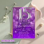 Purple 15th Birthday Invitation Girl Digital Sweet 15th Birthday dinner invite Fifteenth party card printable Quinceanera Dinner Template