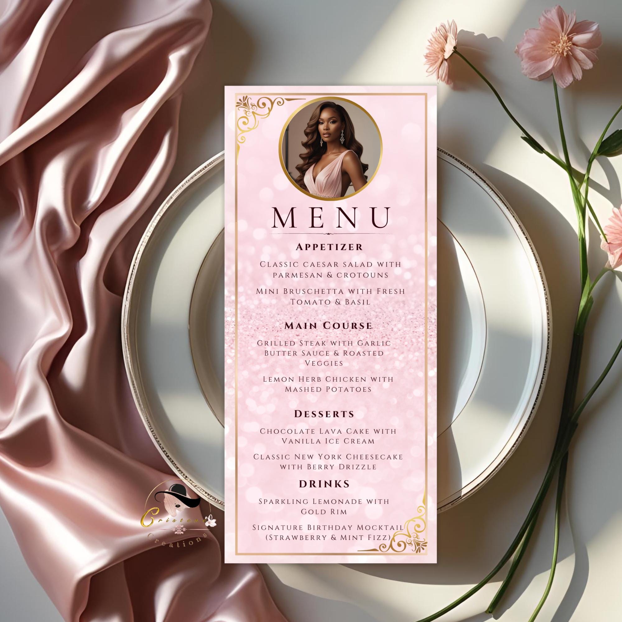 Menu and Program Template with photo Pink Sweet 16 Birthday Dinner Menu party Bridal Shower Menu Program Printable Baby Shower Menu cards