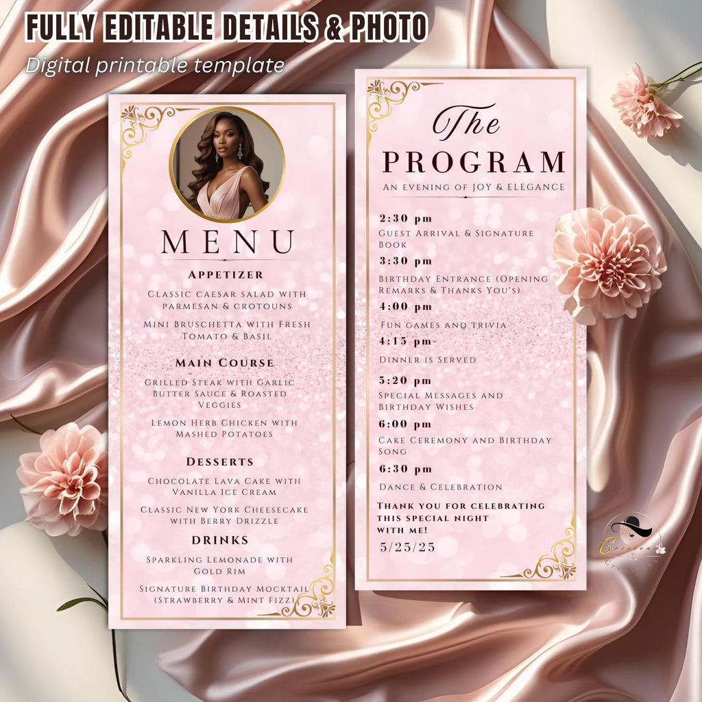 Menu and Program Template with photo Pink Sweet 16 Birthday Dinner Menu party Bridal Shower Menu Program Printable Baby Shower Menu cards