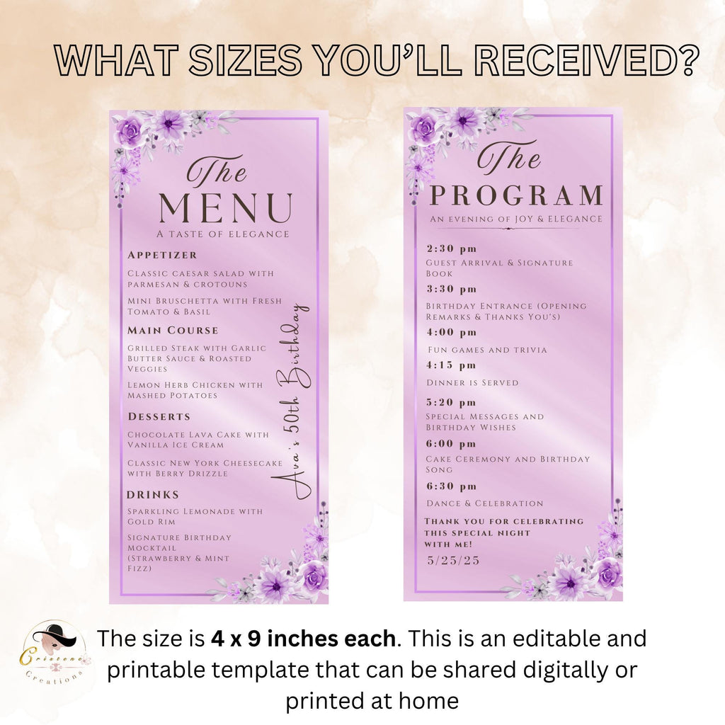 Purple Menu and Program Template Birthday party Menu Dinner, Retirement Program card Floral Menu card Printable Anniversary Program schedule