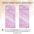 Purple Menu and Program Template Birthday party Menu Dinner, Retirement Program card Floral Menu card Printable Anniversary Program schedule