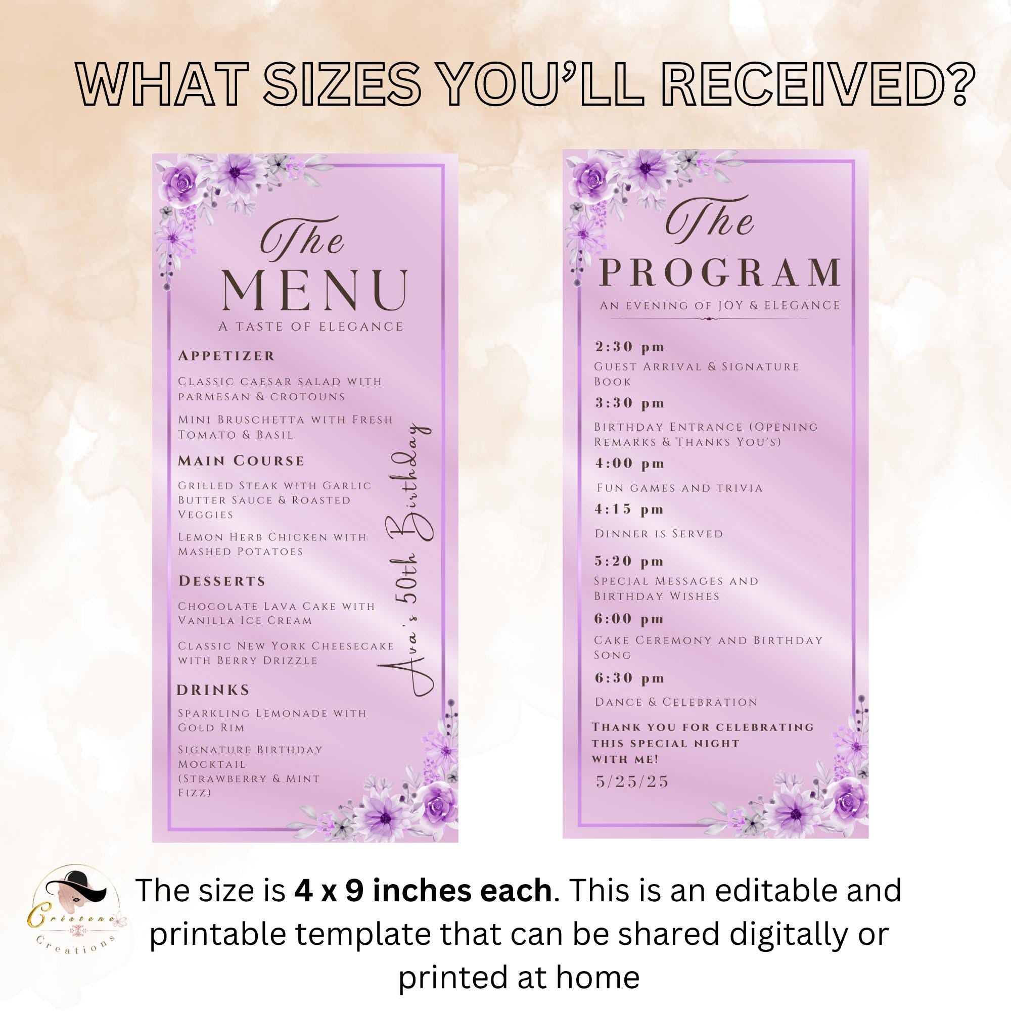 Purple Menu and Program Template Birthday party Menu Dinner, Retirement Program card Floral Menu card Printable Anniversary Program schedule