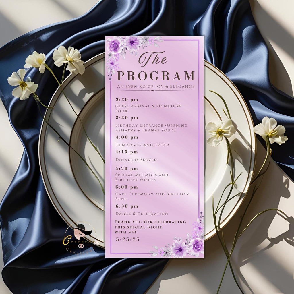Purple Menu and Program Template Birthday party Menu Dinner, Retirement Program card Floral Menu card Printable Anniversary Program schedule