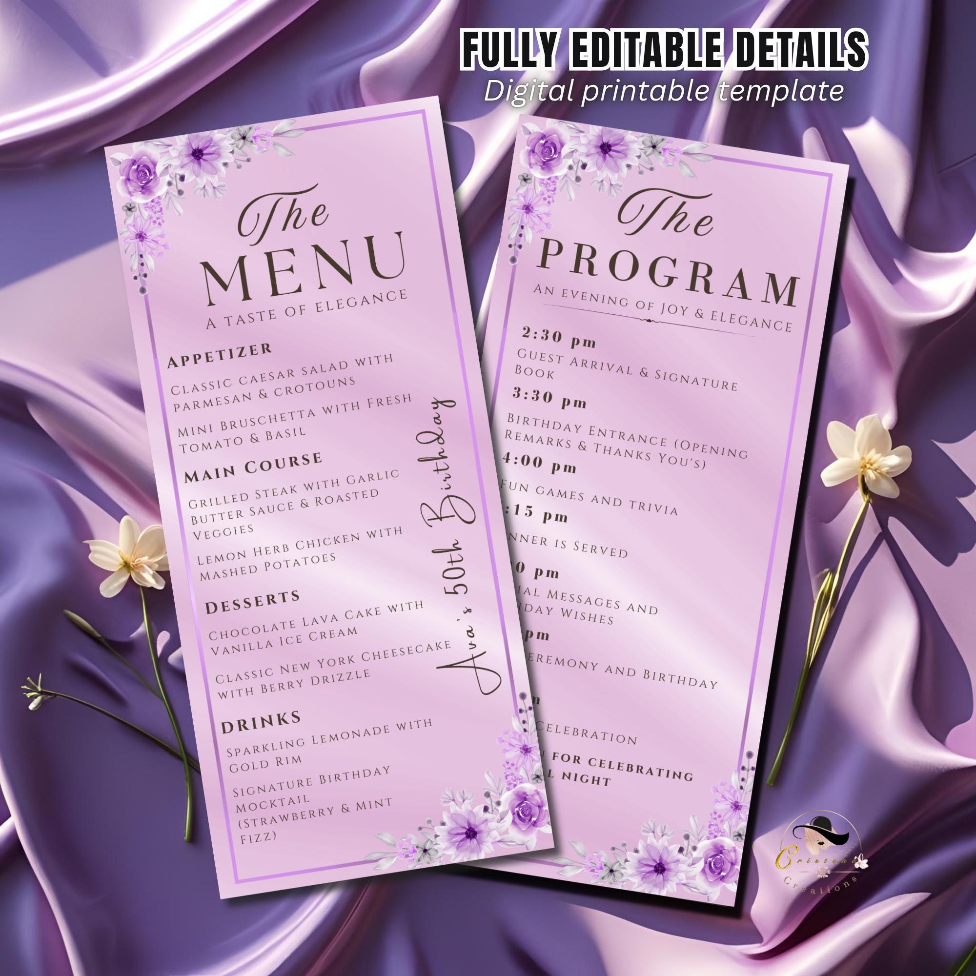 Purple Menu and Program Template Birthday party Menu Dinner, Retirement Program card Floral Menu card Printable Anniversary Program schedule