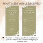 Green Floral Menu and Program, Bridal Shower Menu Card, Engagement Program party, Wedding Anniversary Menu Program Card Printable Template