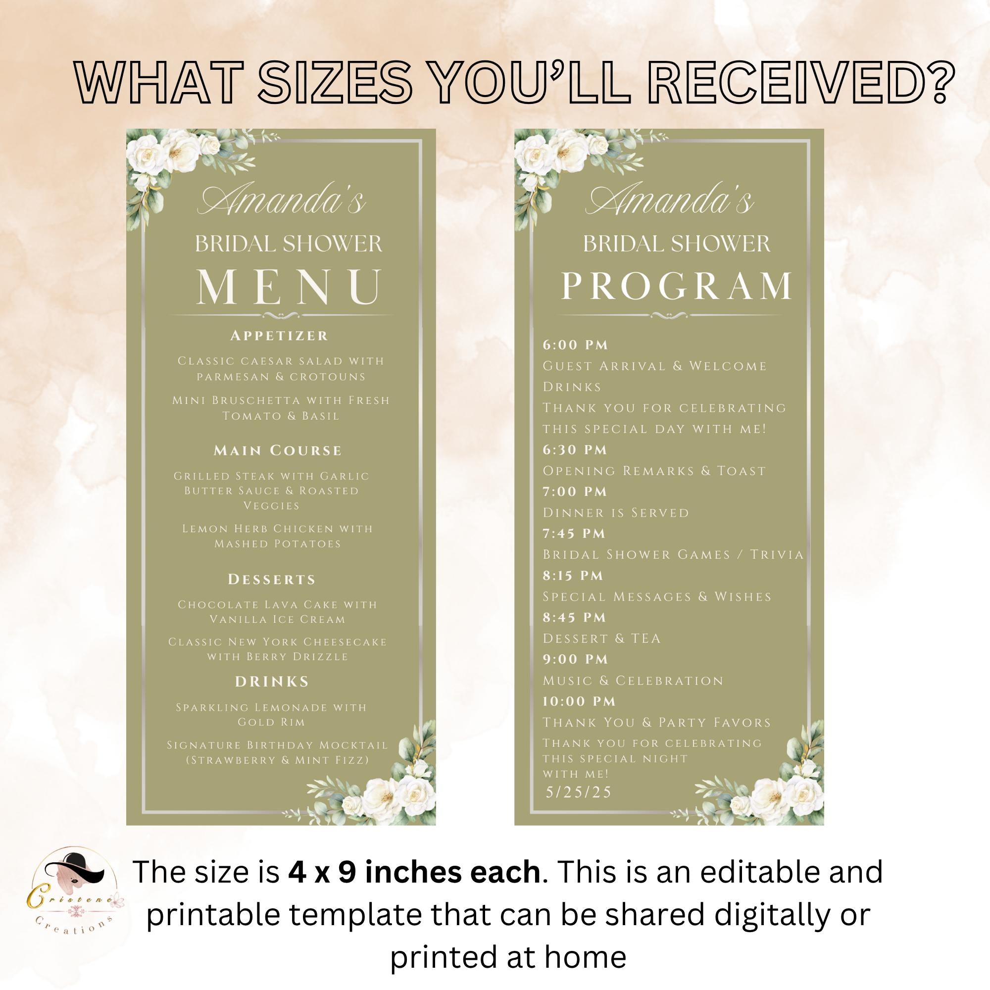 Green Floral Menu and Program, Bridal Shower Menu Card, Engagement Program party, Wedding Anniversary Menu Program Card Printable Template