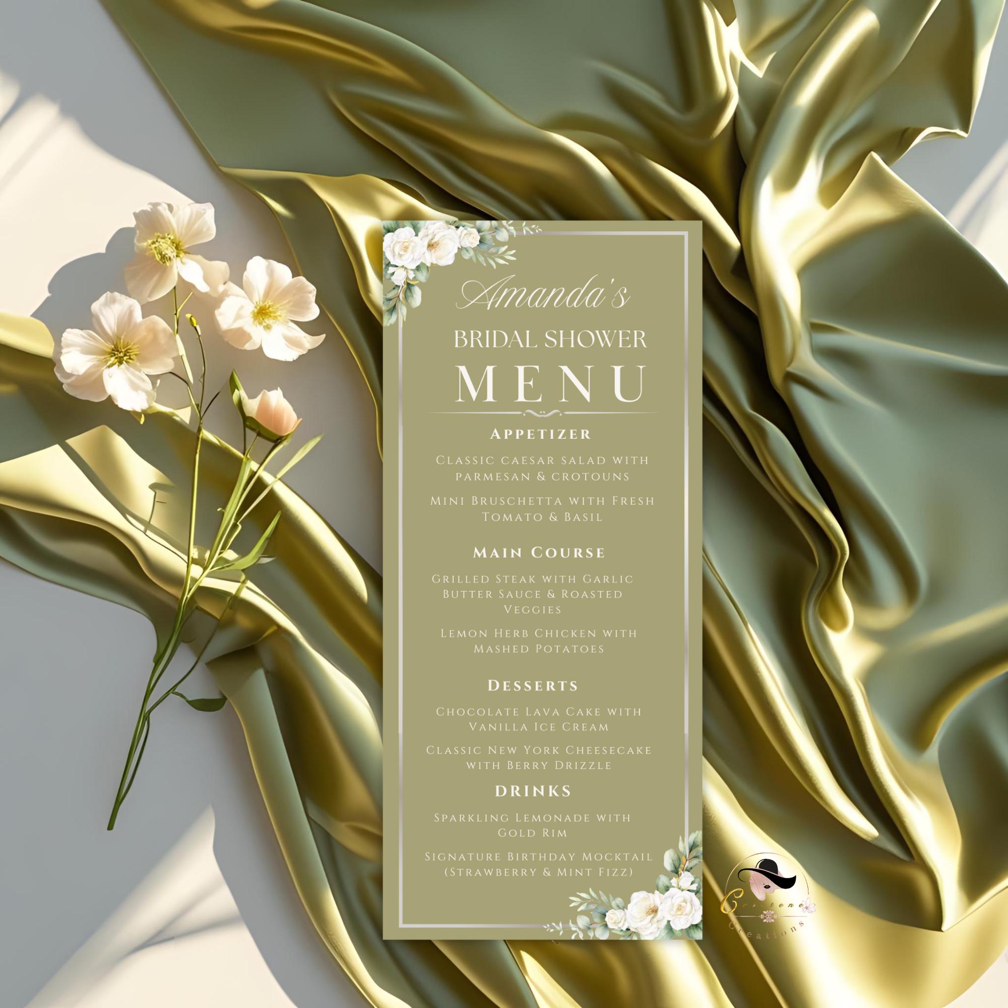 Green Floral Menu and Program, Bridal Shower Menu Card, Engagement Program party, Wedding Anniversary Menu Program Card Printable Template