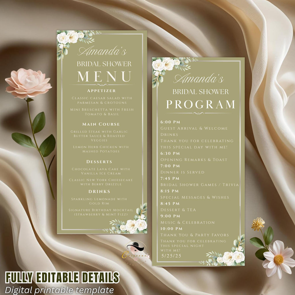 Green Floral Menu and Program, Bridal Shower Menu Card, Engagement Program party, Wedding Anniversary Menu Program Card Printable Template