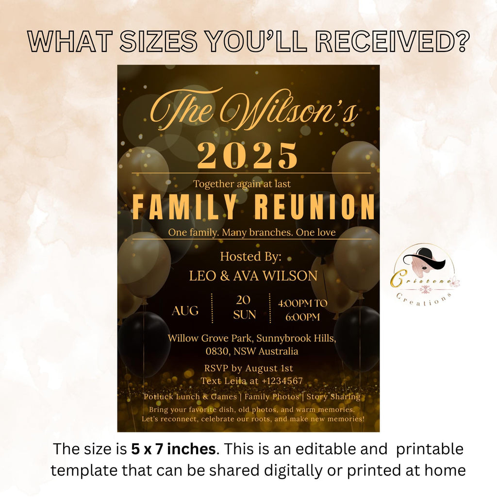 Editable Family Reunion invitation Black gold Family get together party Family gathering invite Family BBQ cookout flyer Printable template
