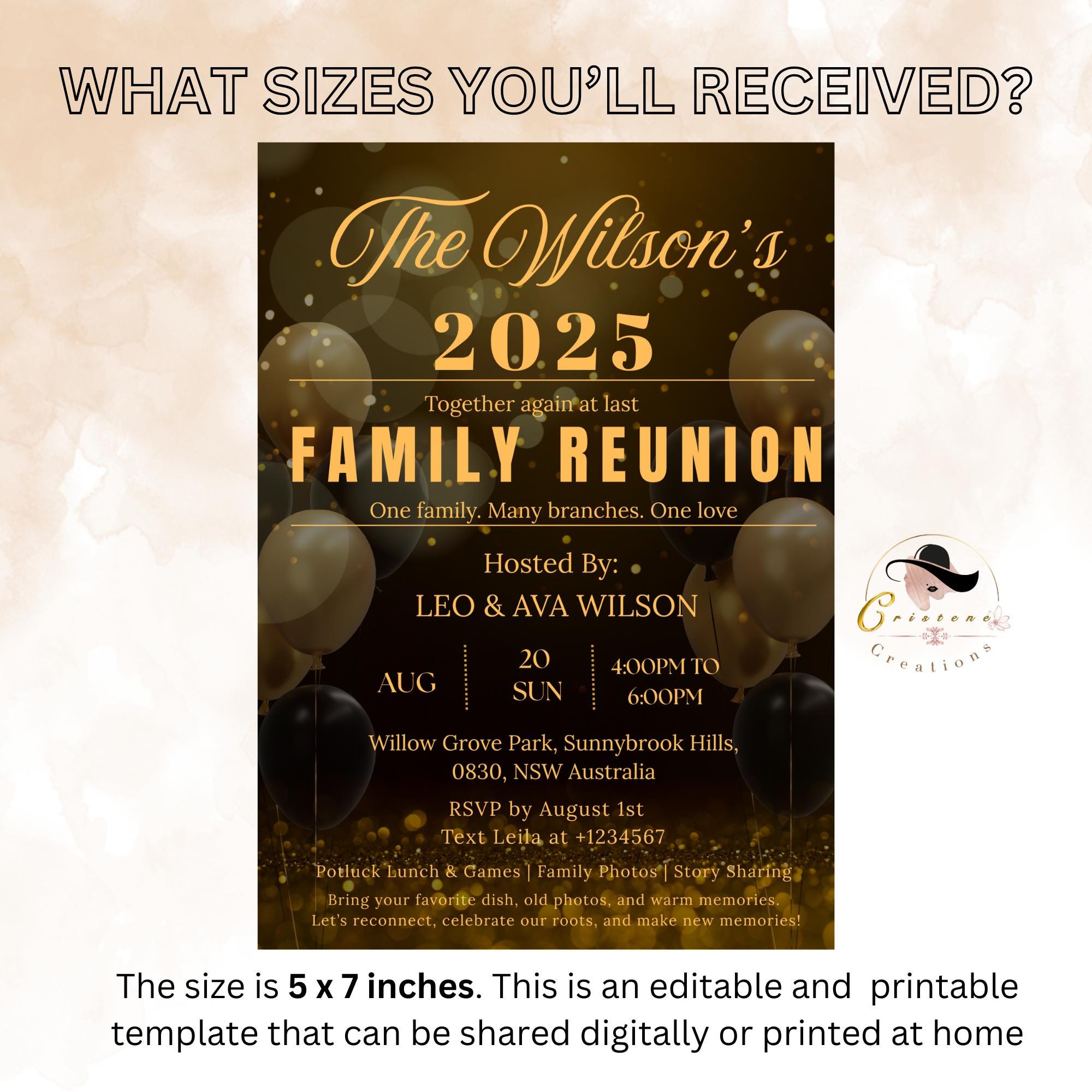 Editable Family Reunion invitation Black gold Family get together party Family gathering invite Family BBQ cookout flyer Printable template