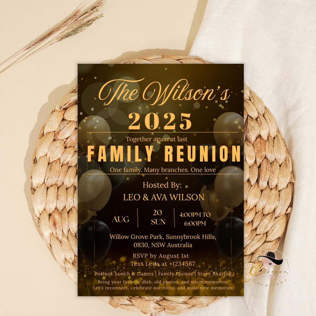 Editable Family Reunion invitation Black gold Family get together party Family gathering invite Family BBQ cookout flyer Printable template