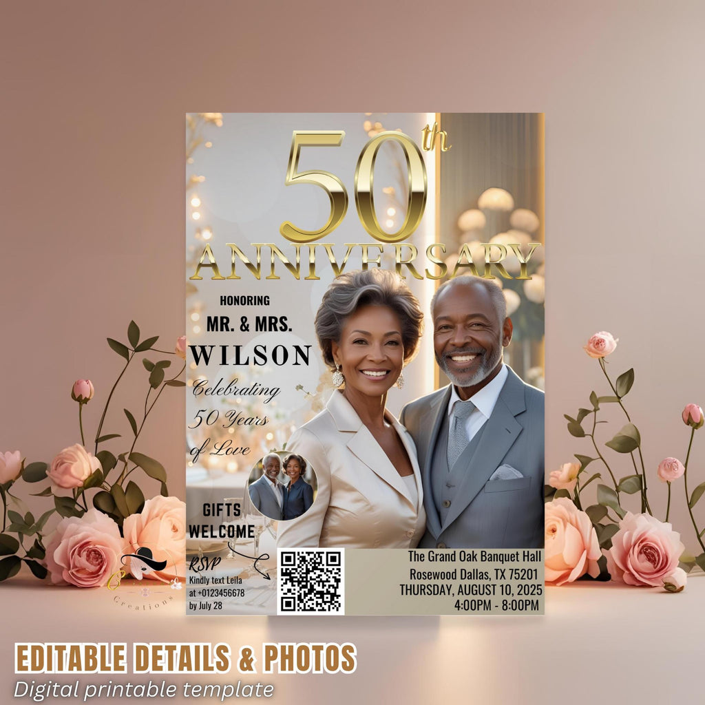 Digital 50th Anniversary invitation White gold Wedding Anniversary dinner party with photo invite 50 Years together card Printable template