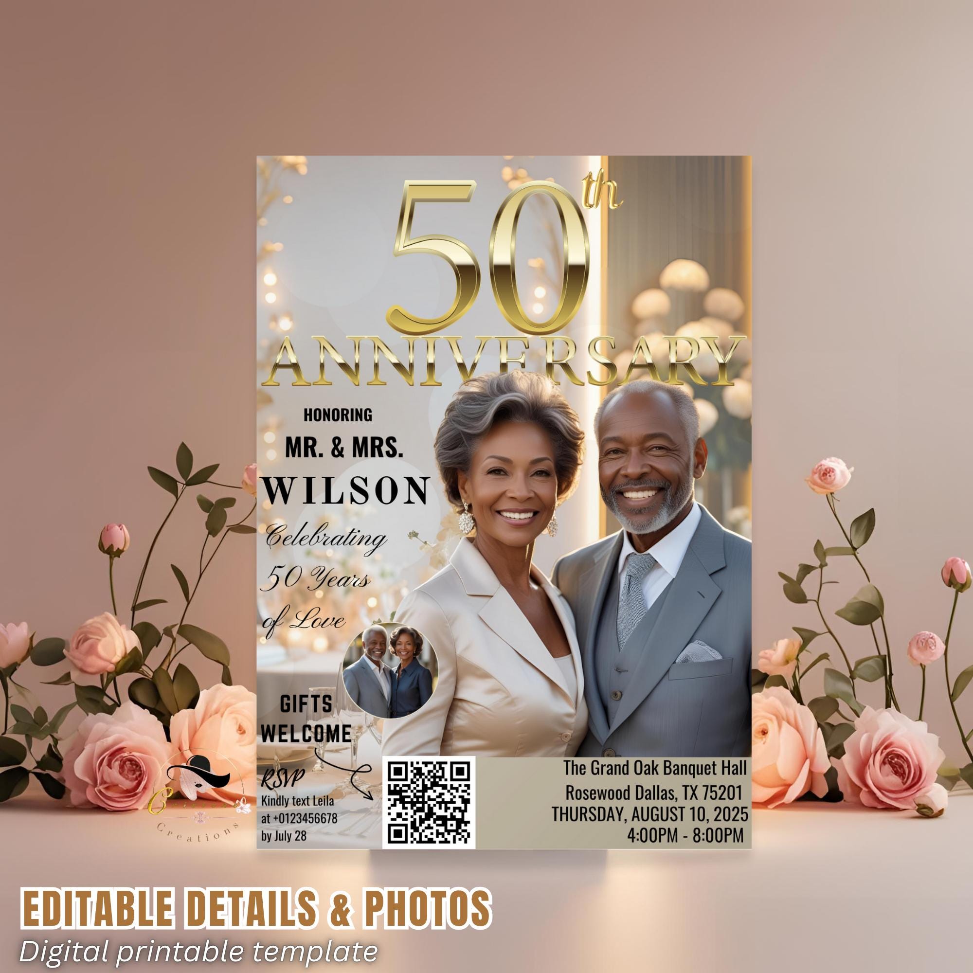 Digital 50th Anniversary invitation White gold Wedding Anniversary dinner party with photo invite 50 Years together card Printable template