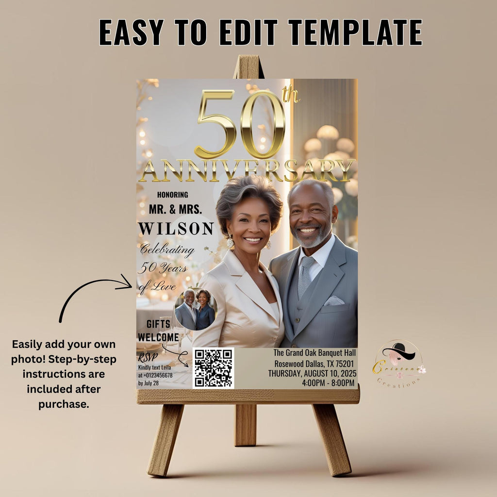 Digital 50th Anniversary invitation White gold Wedding Anniversary dinner party with photo invite 50 Years together card Printable template