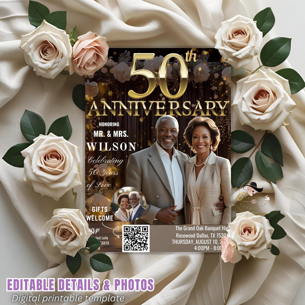 Digital 50th Anniversary invitation Black gold Wedding Anniversary party with photo invite Golden 50th Anniversary card Printable Template