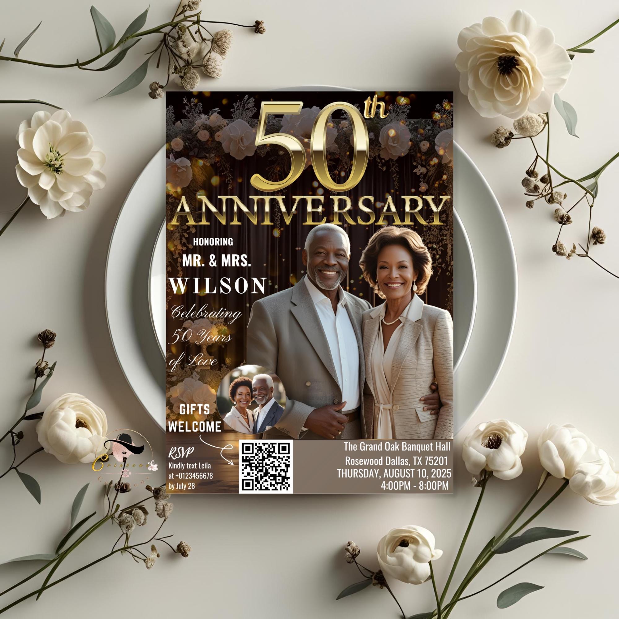 Digital 50th Anniversary invitation Black gold Wedding Anniversary party with photo invite Golden 50th Anniversary card Printable Template