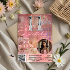 Digital 11th Birthday Invitation girl with photo Pink 11th Birthday party Dinner Invite, Eleventh Birthday card Printable, Sweet 11 Template