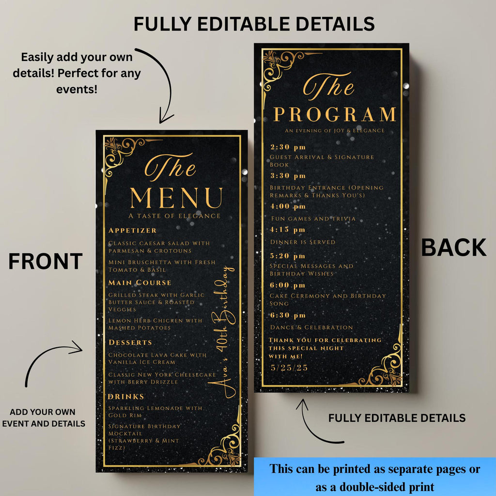 Editable Menu and Program Template Black gold Birthday party menu Retirement Program party Dinner menu Bachelorrete Program cards Printable