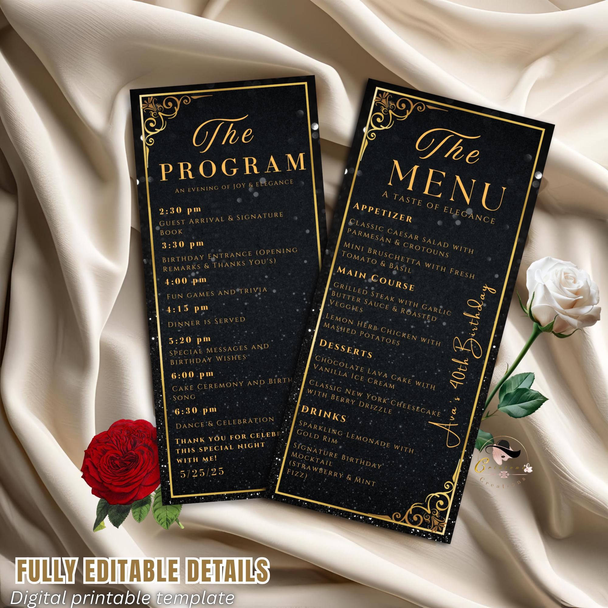 Editable Menu and Program Template Black gold Birthday party menu Retirement Program party Dinner menu Bachelorrete Program cards Printable