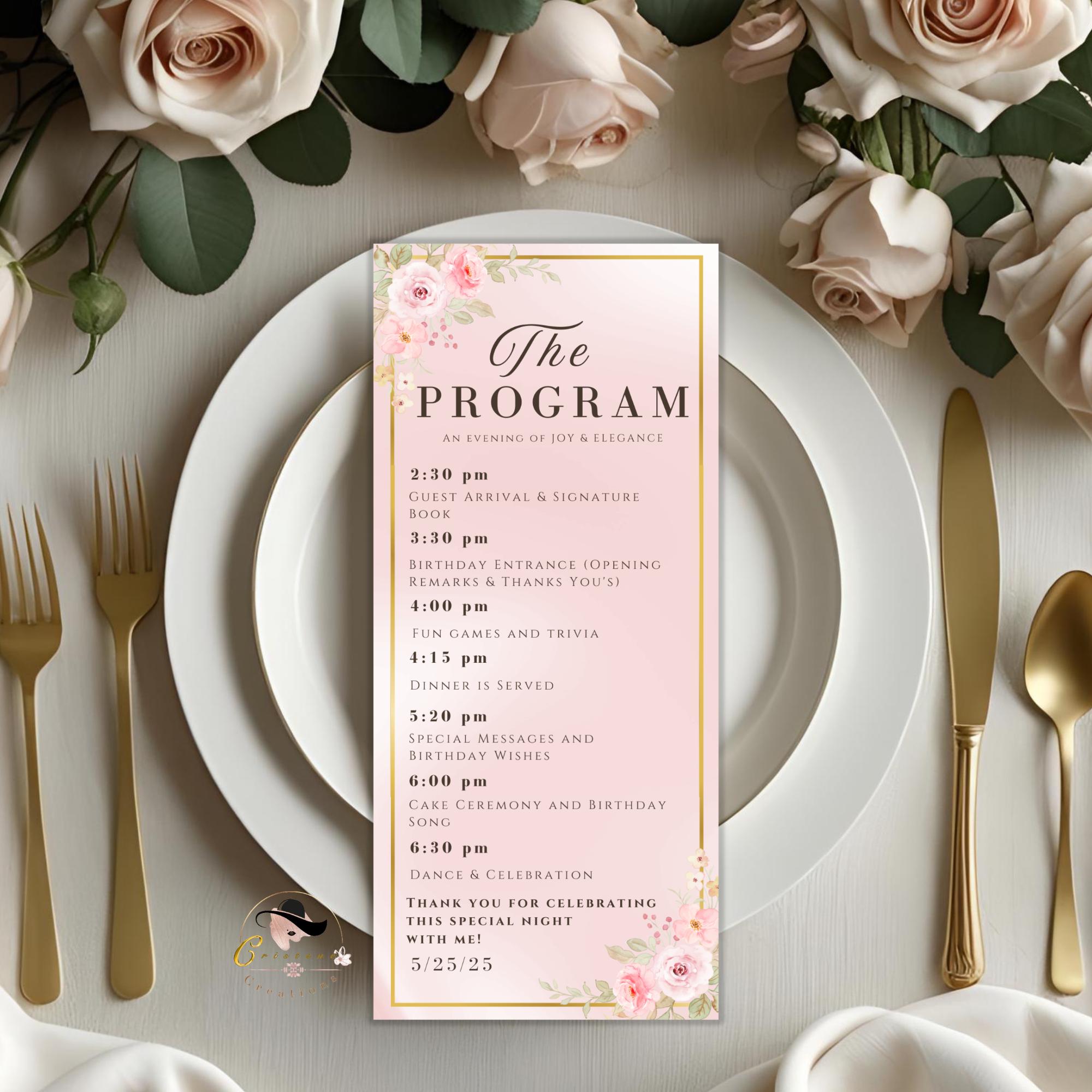 Menu and Program template Rose gold Pink Bridal shower menu Baby shower Program party Birthday Dinner menu card Printable Floral Menu design
