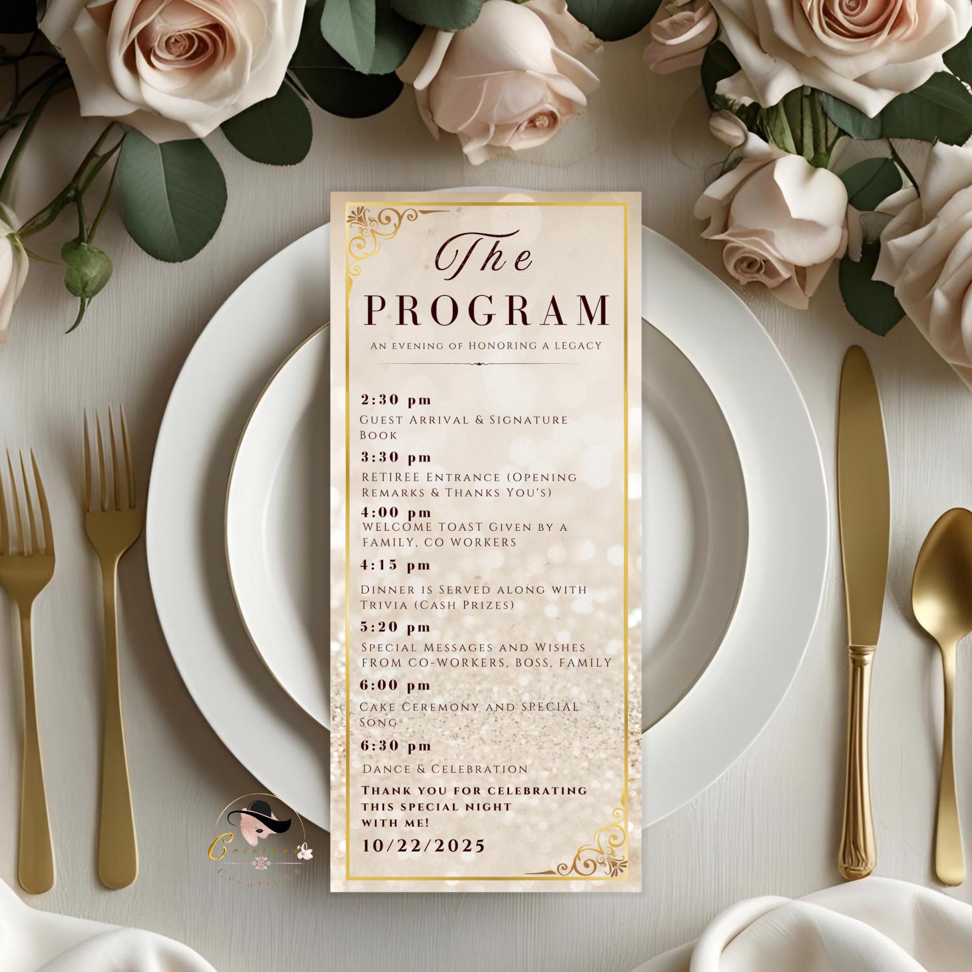 White gold Menu and Program template with photo Retirement party menu Birthday dinner program card printable Wedding Anniversary Menu Canva