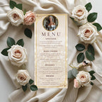 White gold Menu and Program template with photo Retirement party menu Birthday dinner program card printable Wedding Anniversary Menu Canva