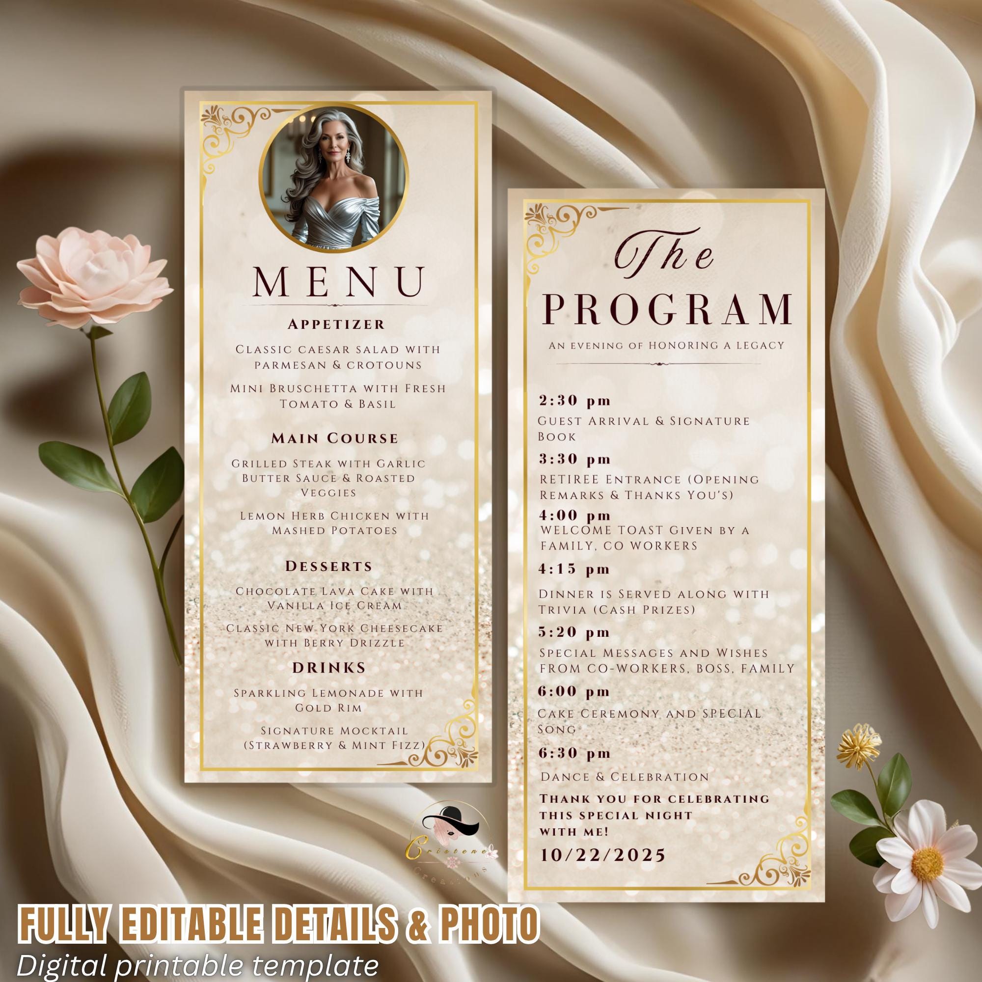 White gold Menu and Program template with photo Retirement party menu Birthday dinner program card printable Wedding Anniversary Menu Canva
