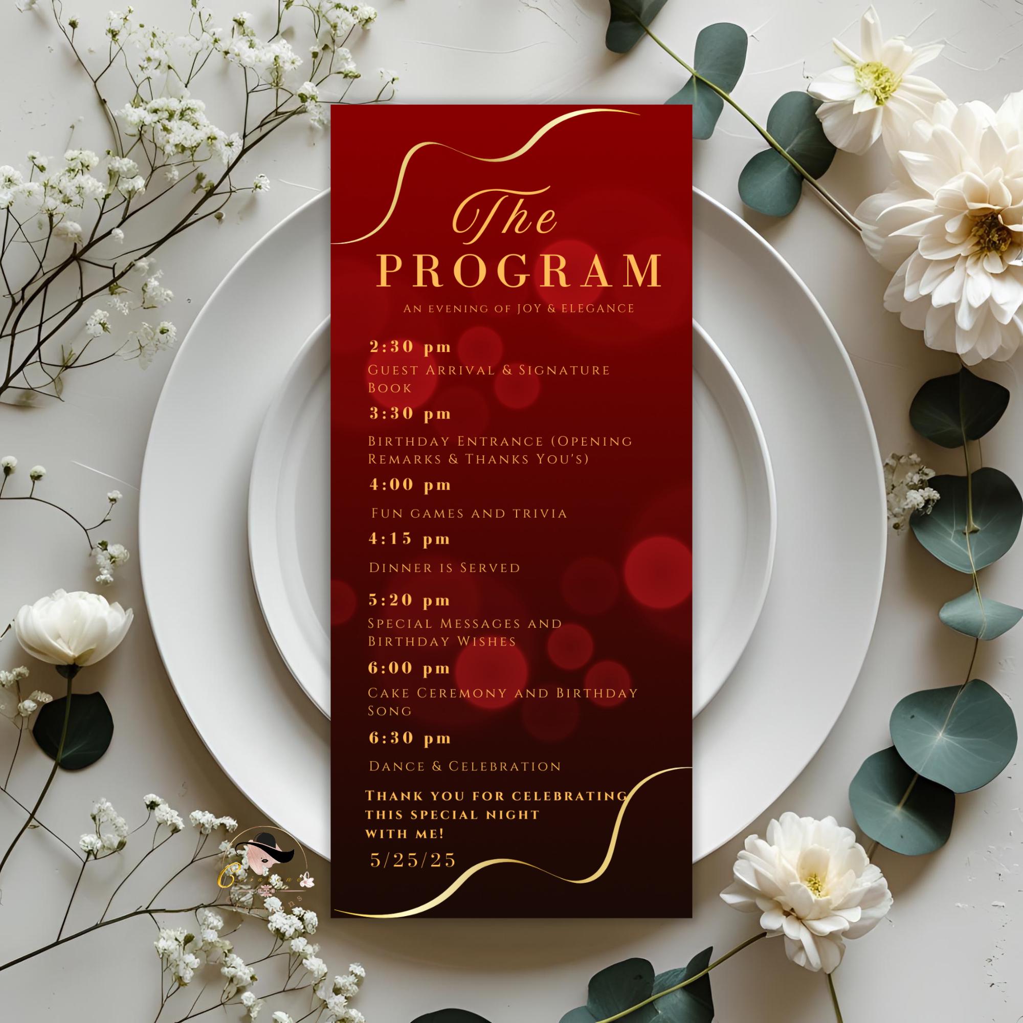 Menu and Program Template Red gold Birthday Dinner menu cards printable Wedding party menu Elegant Event Program schedule Retirement program