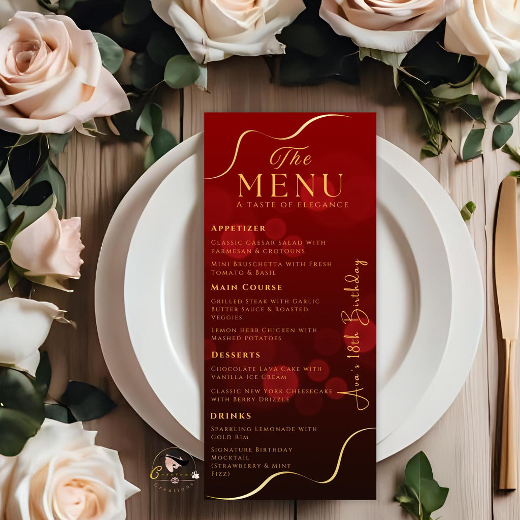 Menu and Program Template Red gold Birthday Dinner menu cards printable Wedding party menu Elegant Event Program schedule Retirement program