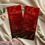 Menu and Program Template Red gold Birthday Dinner menu cards printable Wedding party menu Elegant Event Program schedule Retirement program