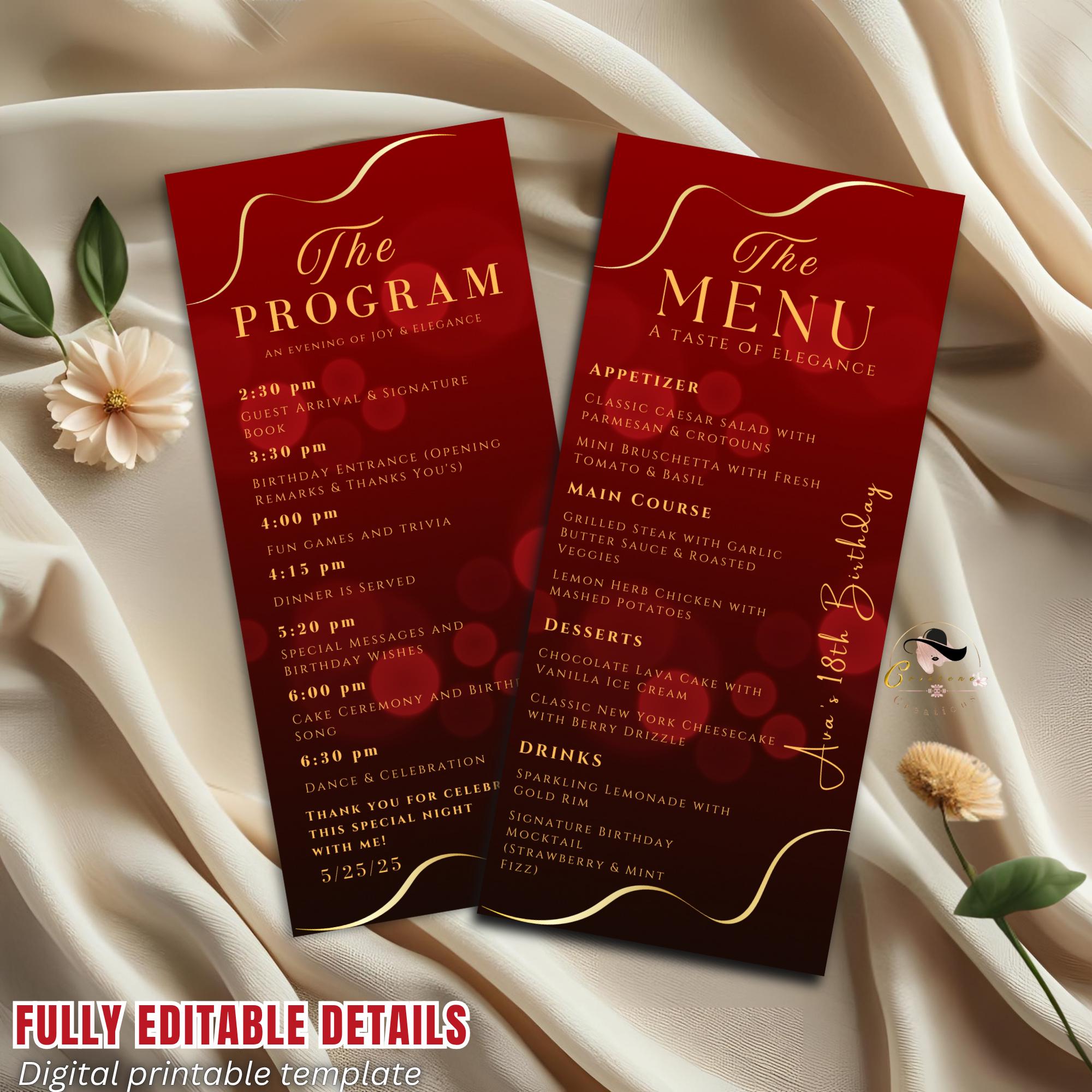 Menu and Program Template Red gold Birthday Dinner menu cards printable Wedding party menu Elegant Event Program schedule Retirement program