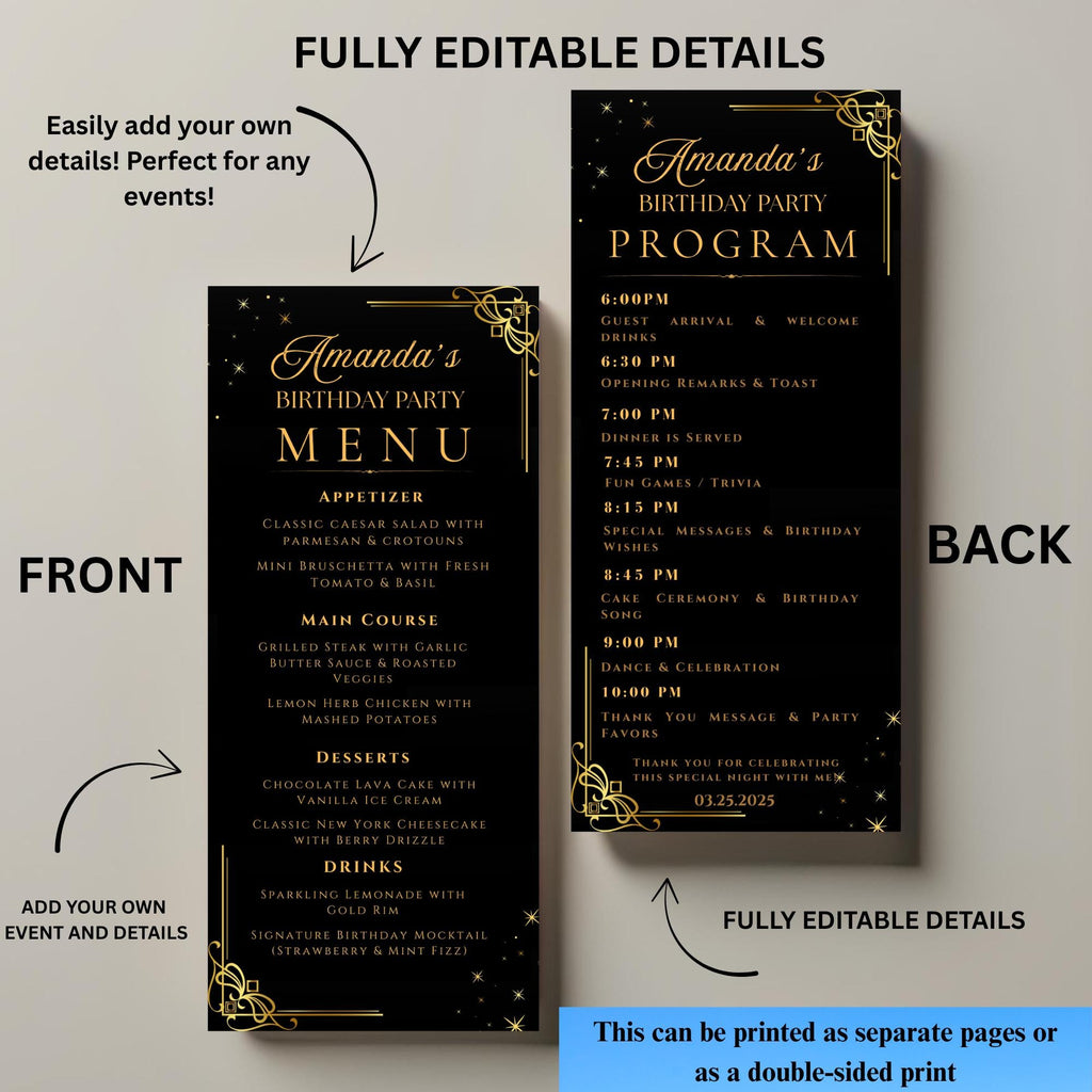 Black gold Menu and Program Template Birthday Party Menu cards Printable Rehearsal Dinner Menu Design Elegant Retirement Program Schedule