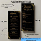 Black gold Menu and Program Template Birthday Party Menu cards Printable Rehearsal Dinner Menu Design Elegant Retirement Program Schedule