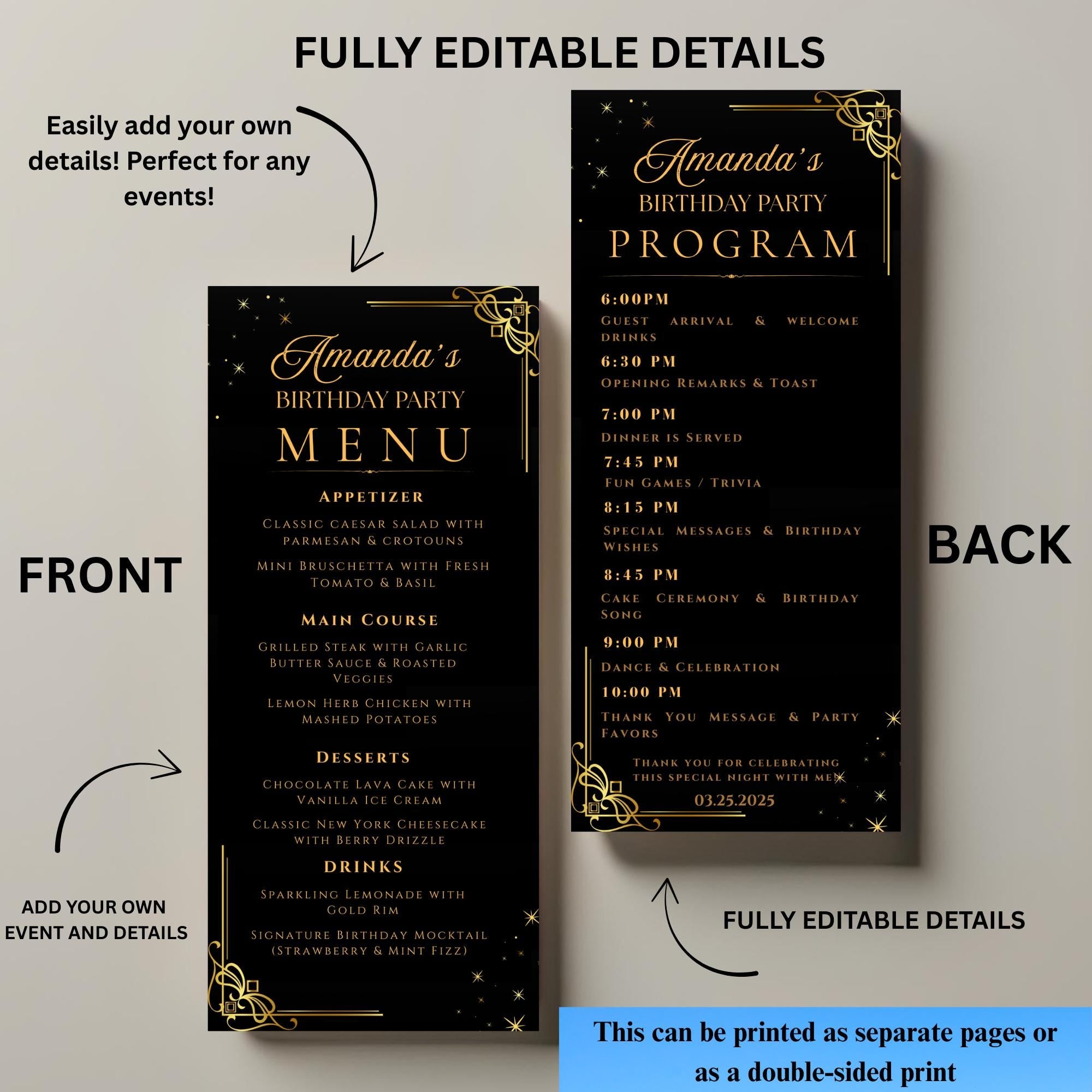 Black gold Menu and Program Template Birthday Party Menu cards Printable Rehearsal Dinner Menu Design Elegant Retirement Program Schedule