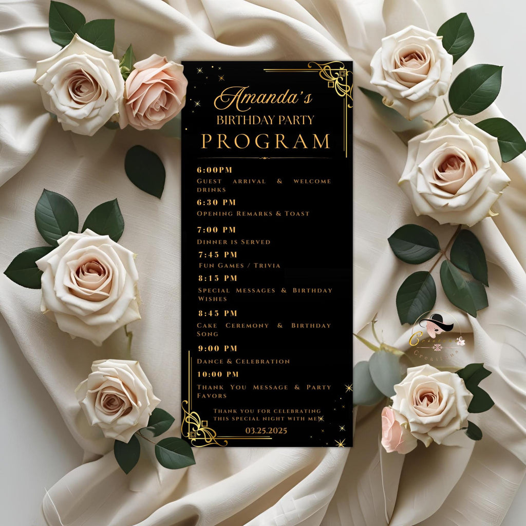 Black gold Menu and Program Template Birthday Party Menu cards Printable Rehearsal Dinner Menu Design Elegant Retirement Program Schedule