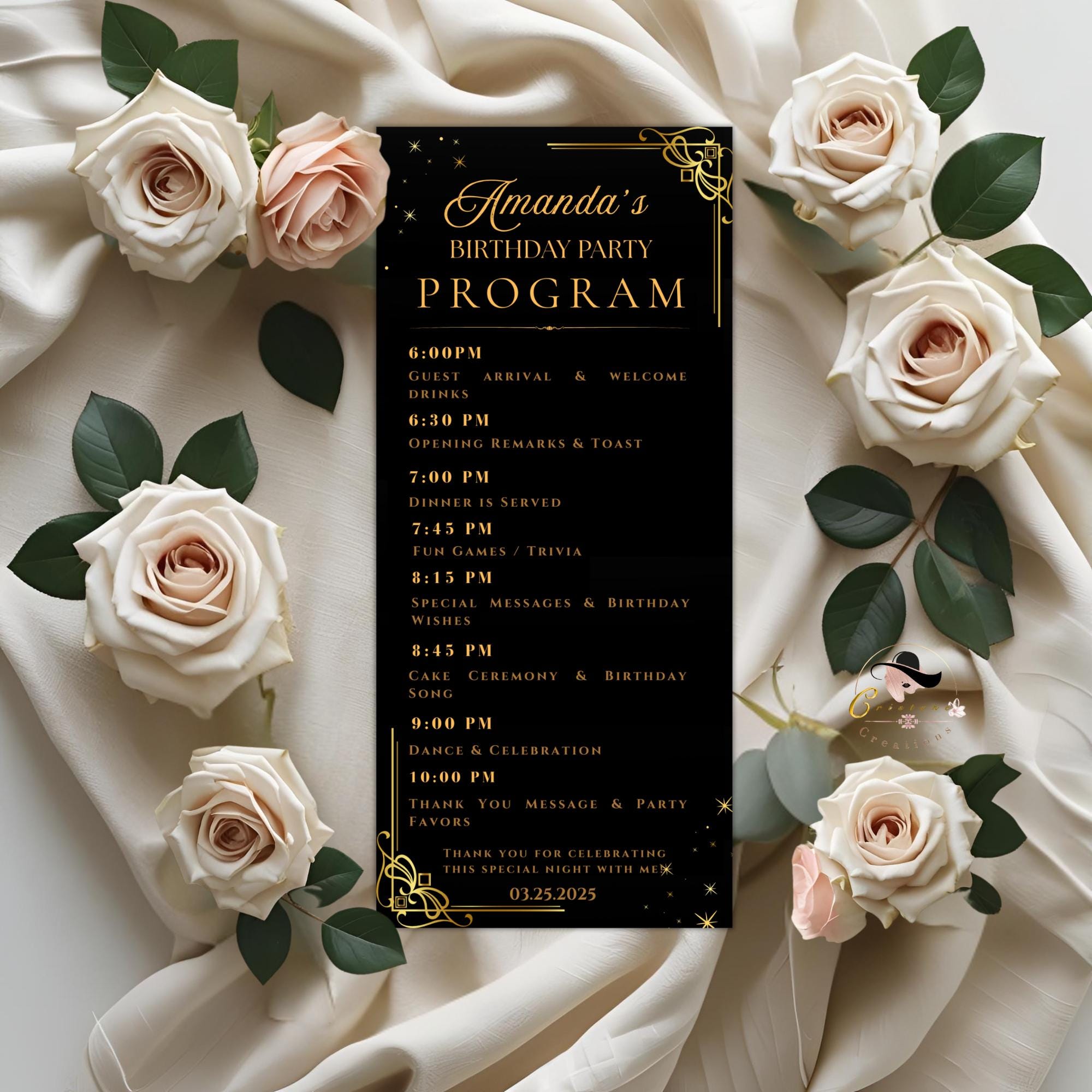 Black gold Menu and Program Template Birthday Party Menu cards Printable Rehearsal Dinner Menu Design Elegant Retirement Program Schedule