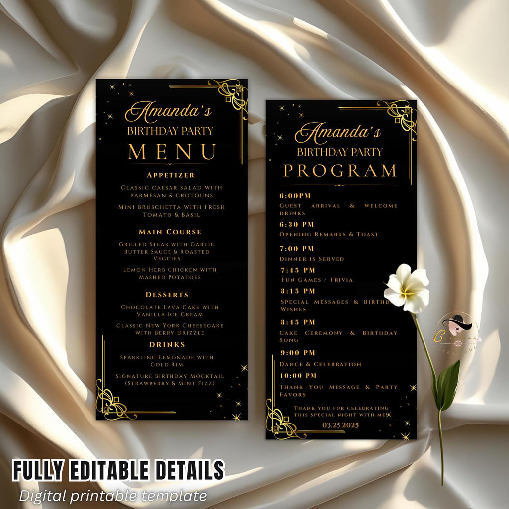 Black gold Menu and Program Template Birthday Party Menu cards Printable Rehearsal Dinner Menu Design Elegant Retirement Program Schedule
