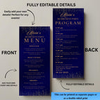 Retirement Menu and Program Template Navy Blue Birthday Party Menu Wedding Anniversary Program cards Printable Editable Family Reunion Menu