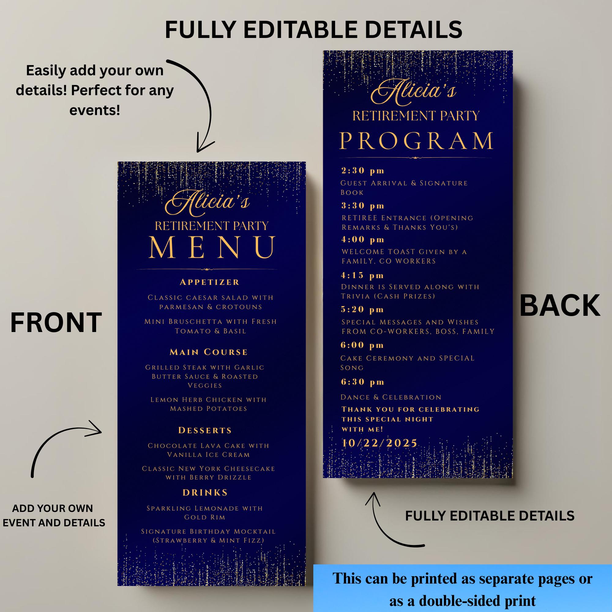 Retirement Menu and Program Template Navy Blue Birthday Party Menu Wedding Anniversary Program cards Printable Editable Family Reunion Menu