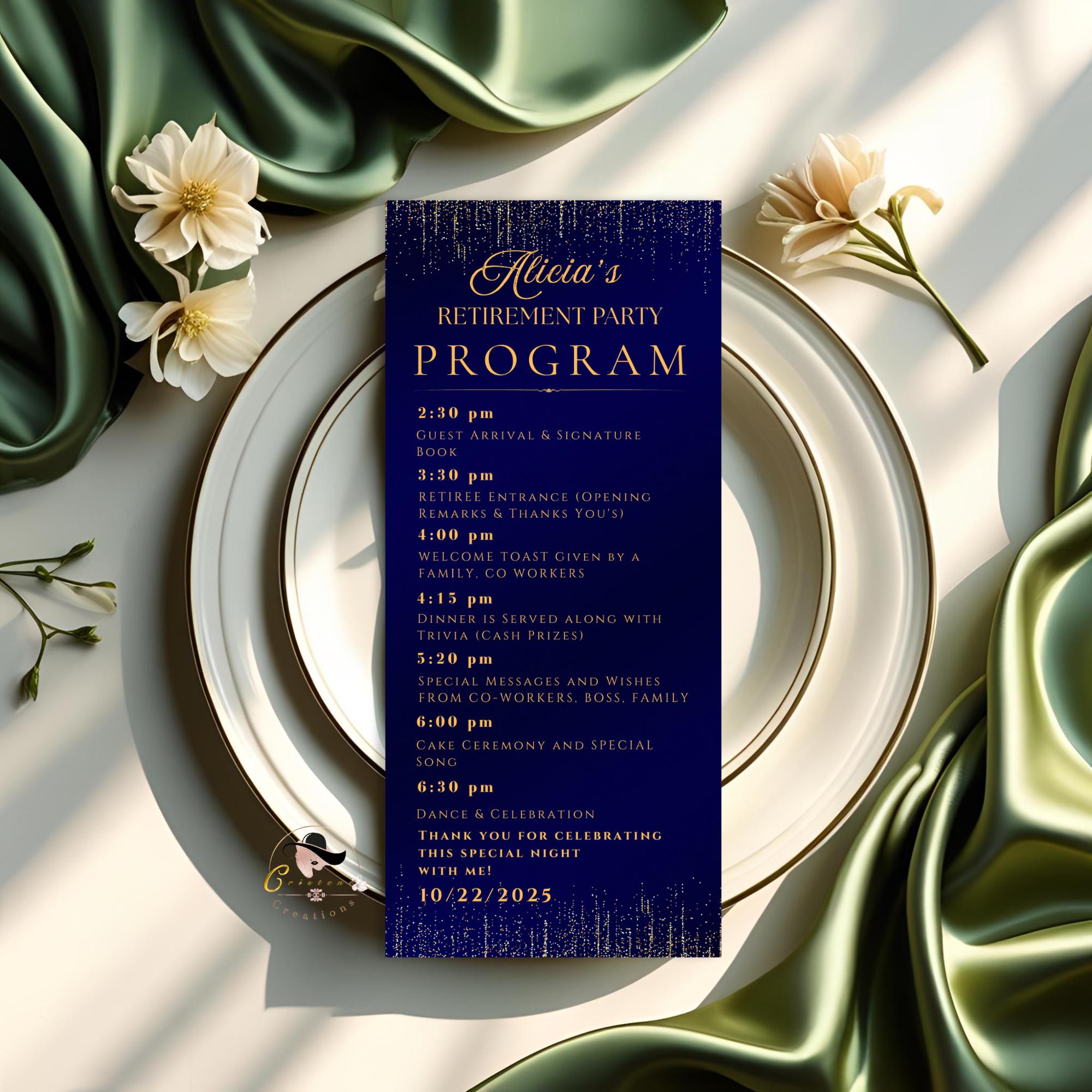 Retirement Menu and Program Template Navy Blue Birthday Party Menu Wedding Anniversary Program cards Printable Editable Family Reunion Menu