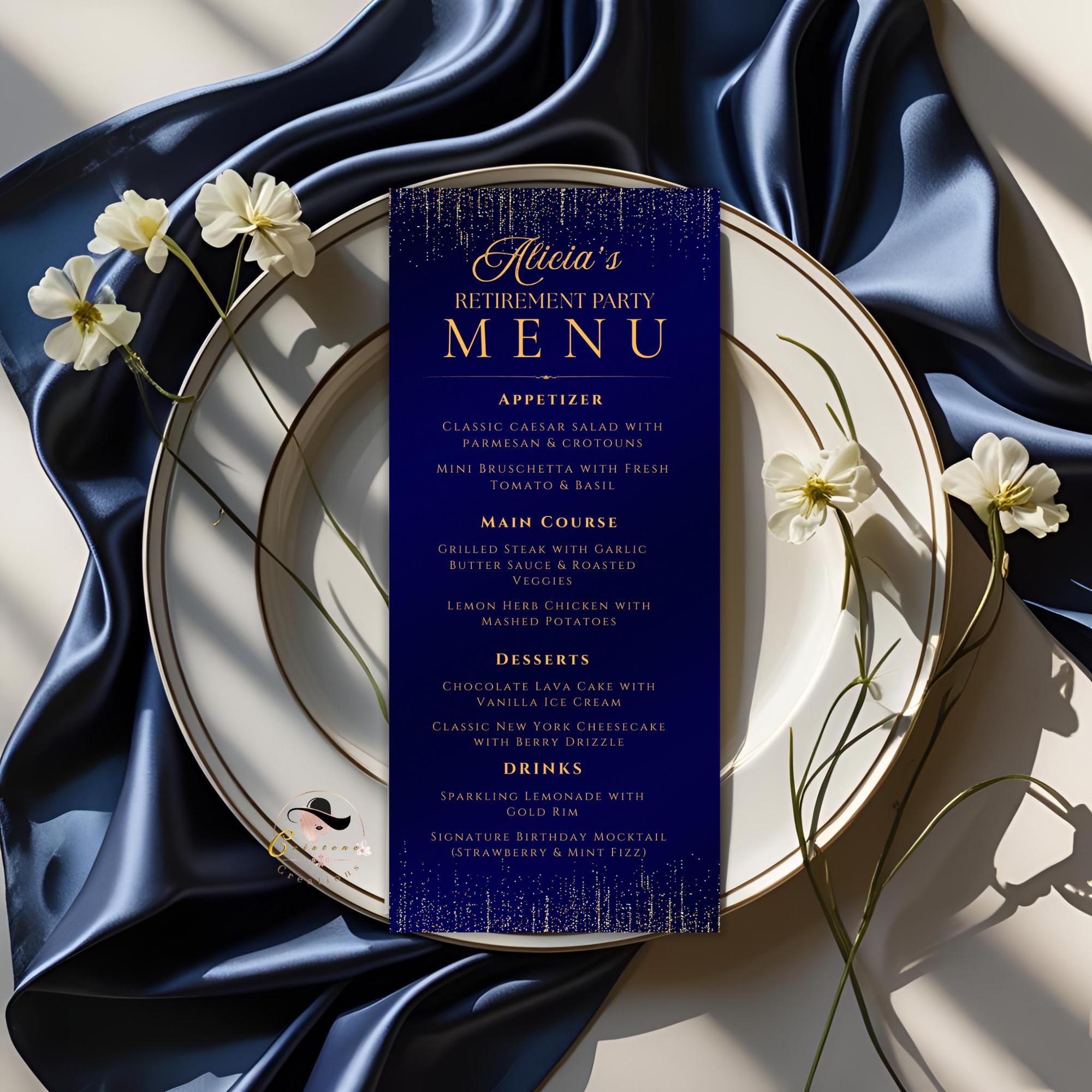 Retirement Menu and Program Template Navy Blue Birthday Party Menu Wedding Anniversary Program cards Printable Editable Family Reunion Menu