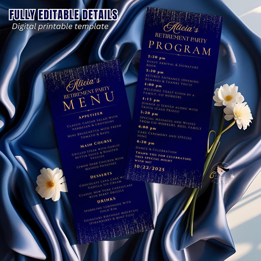 Retirement Menu and Program Template Navy Blue Birthday Party Menu Wedding Anniversary Program cards Printable Editable Family Reunion Menu