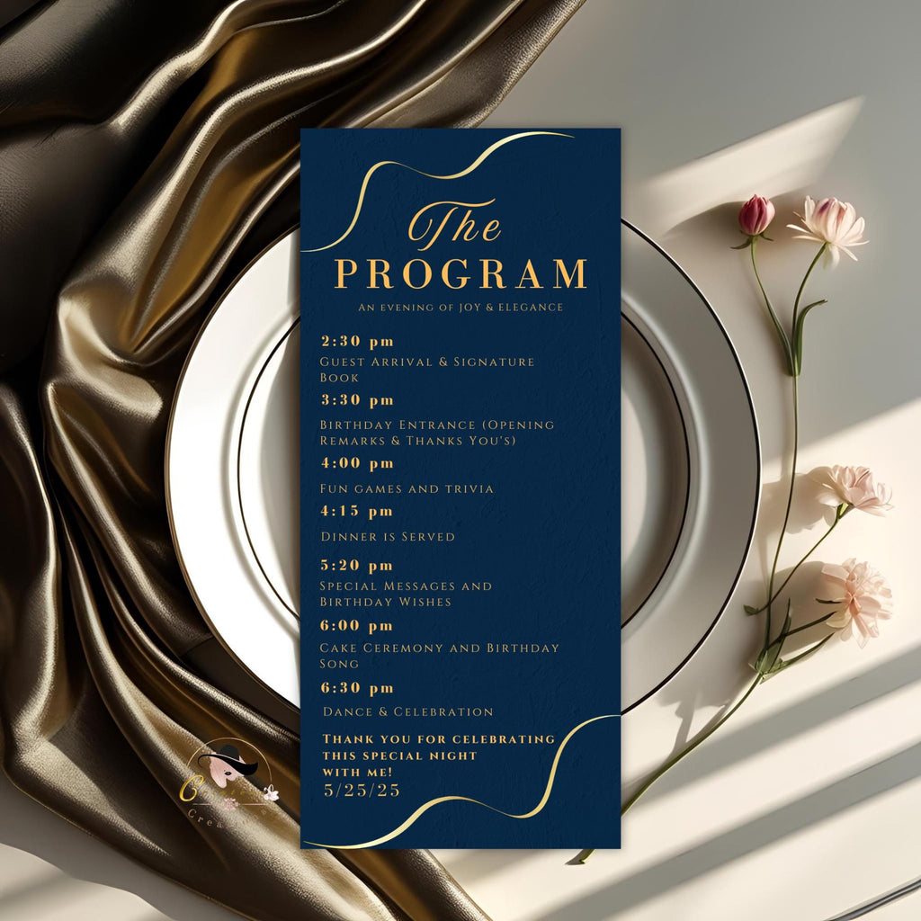 Editable Menu and Program Template Birthday party menu Retirement program card printable Navy Blue Dinner Menu Bridal Shower Event programme