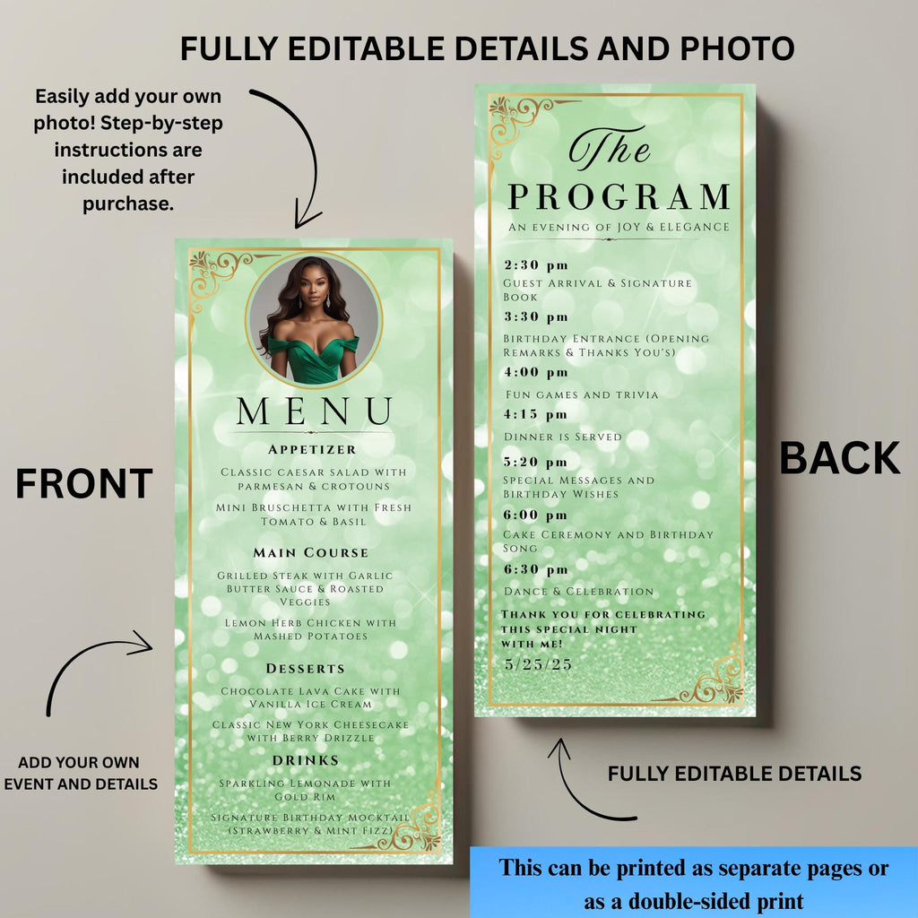 Menu and Program Template Green Gold Birthday Party Menu Program cards Printable, Elegant Dinner Menu card Editable Retirement Event Program