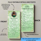 Menu and Program Template Green Gold Birthday Party Menu Program cards Printable, Elegant Dinner Menu card Editable Retirement Event Program