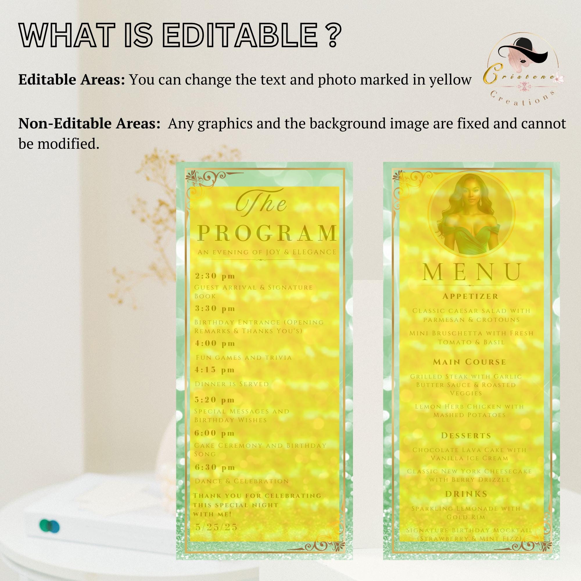 Menu and Program Template Green Gold Birthday Party Menu Program cards Printable, Elegant Dinner Menu card Editable Retirement Event Program